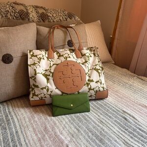Tory Burch Green and Tan Floral Tote
